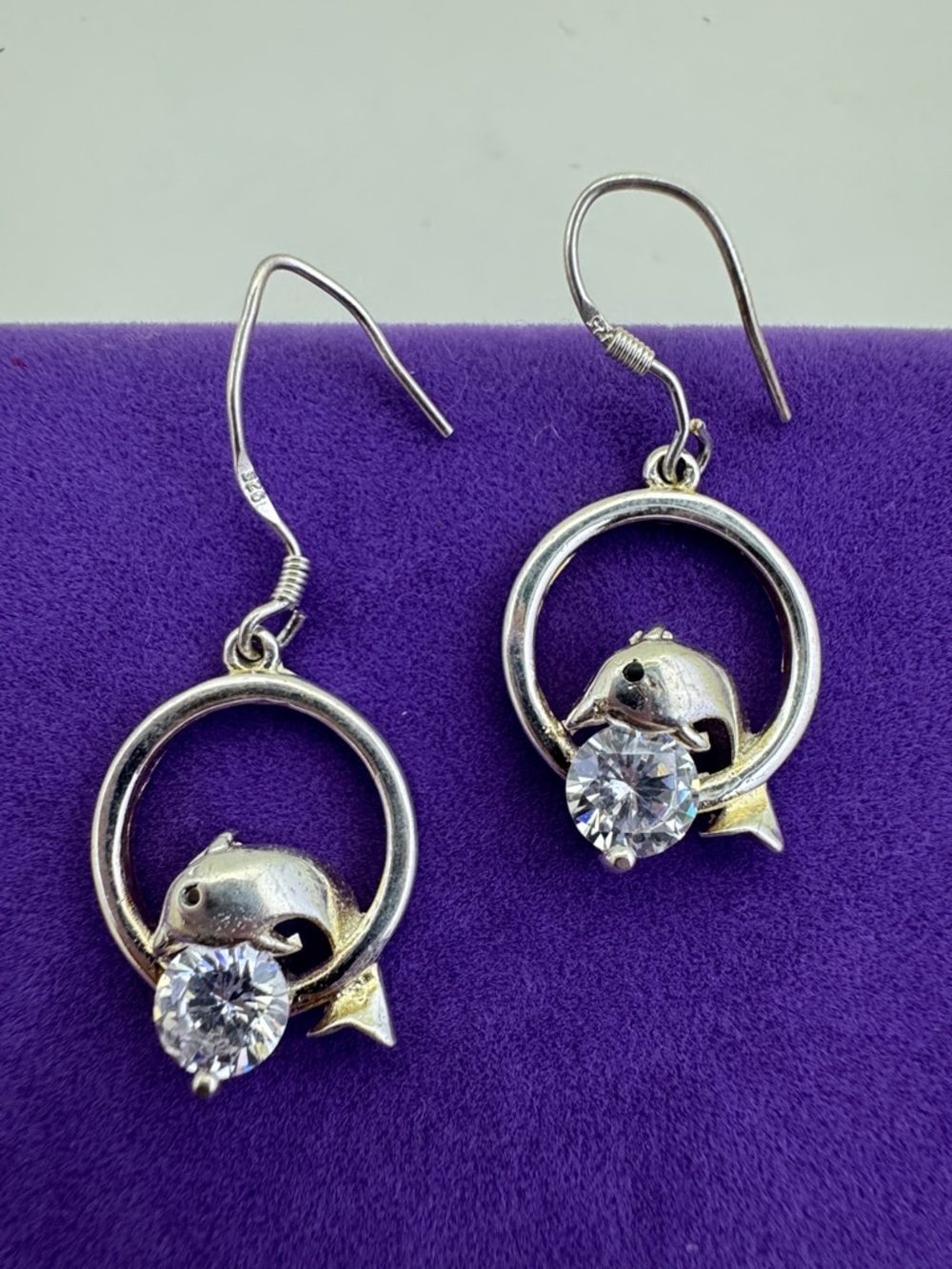 💛 Vintage Sterling Plated Dolphin Hoop Drop Earrings with Clear CZ | As-Is